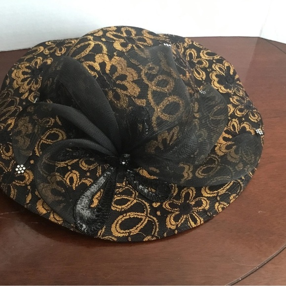 Dramatic Black and Gold Wide-Brimmed Hat- by Mr Hi’s rhinestones, sequins. - Picture 9 of 9